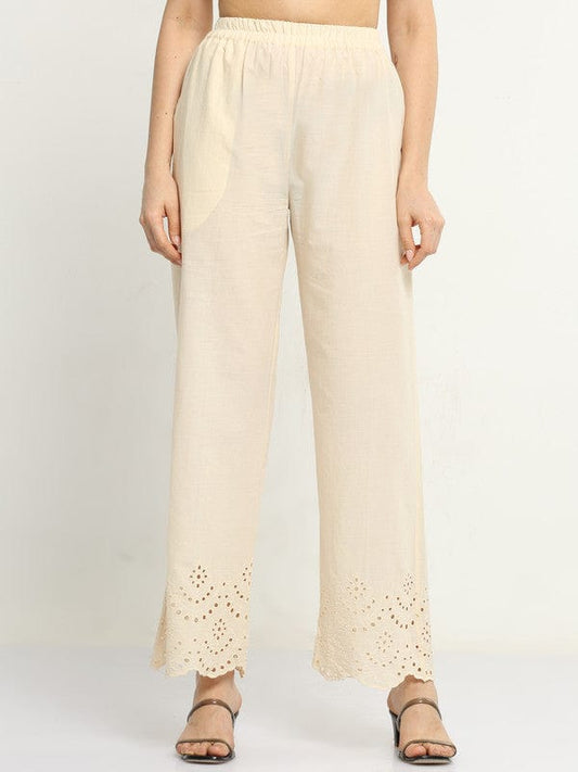 Cream Solid Cotton Regular-Fit Ankle-Length Palazzos – Lightweight Everyday Essential Bottomwear