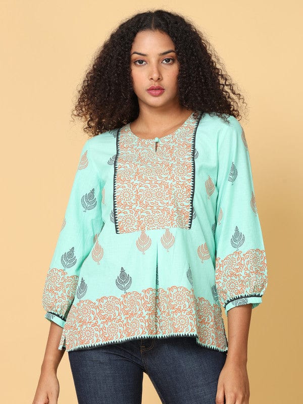 Light Green Cotton Hip-Length Top with Floral Print & 3/4th Sleeves – Loose-Fit Everyday Comfort Wear