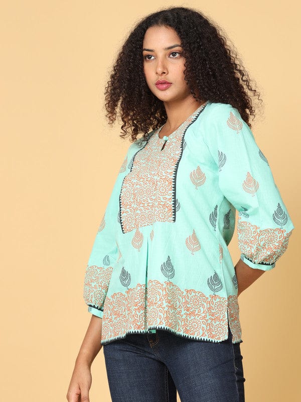 Light Green Cotton Hip-Length Top with Floral Print & 3/4th Sleeves – Loose-Fit Everyday Comfort Wear