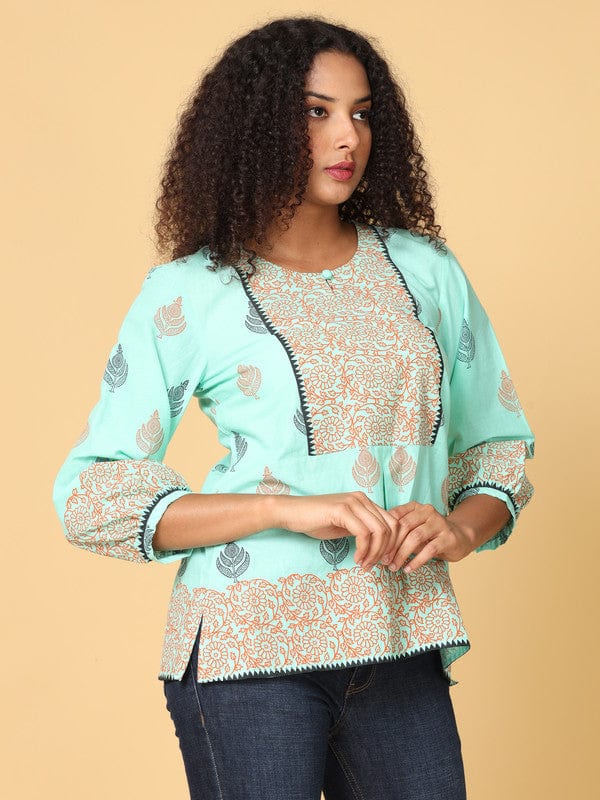 Light Green Cotton Hip-Length Top with Floral Print & 3/4th Sleeves – Loose-Fit Everyday Comfort Wear