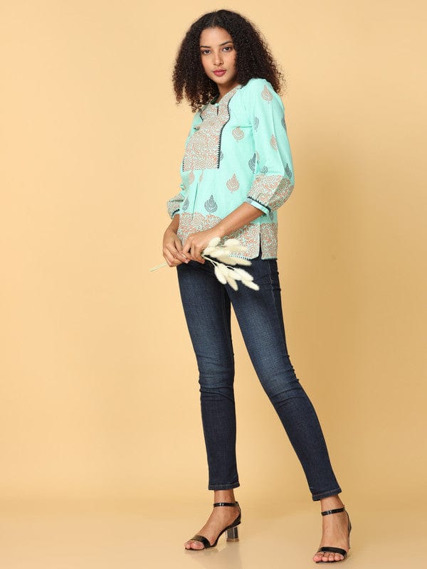 Light Green Cotton Hip-Length Top with Floral Print & 3/4th Sleeves – Loose-Fit Everyday Comfort Wear