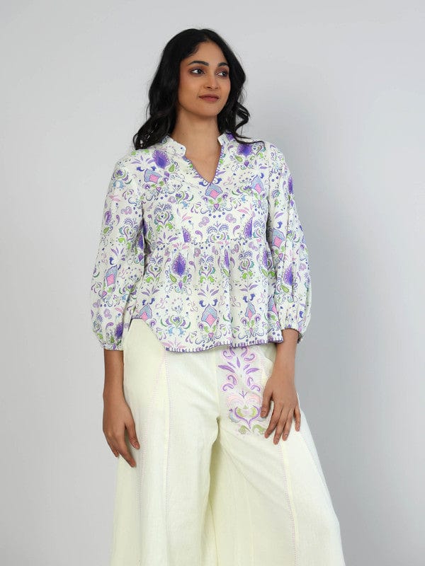 Purple Cotton Flex Floral Hip-Length Co-Ord Set with 3/4th Sleeves – Stylish Everyday Indo-Fusion Wear