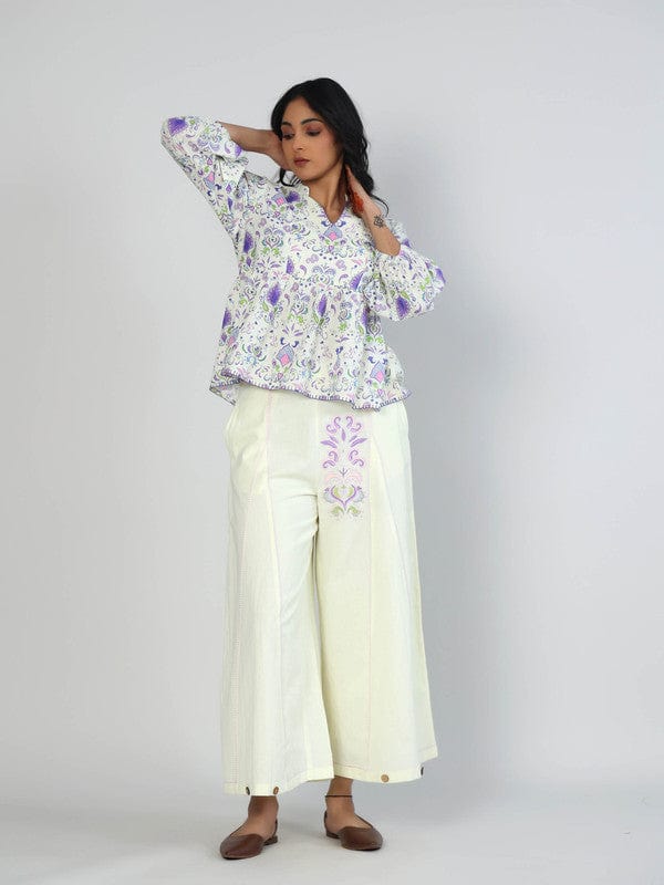 Purple Cotton Flex Floral Hip-Length Co-Ord Set with 3/4th Sleeves – Stylish Everyday Indo-Fusion Wear