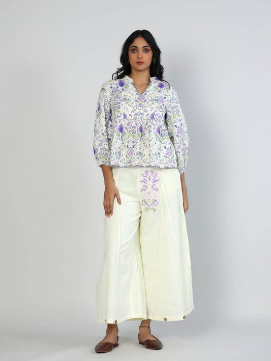 Purple Cotton Flex Floral Hip-Length Co-Ord Set with 3/4th Sleeves – Stylish Everyday Indo-Fusion Wear
