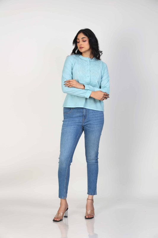Aegean Green Cotton Hip-Length Top with Thread-Worked Neck Placket & Full Sleeves – Elegant Everyday Fusion Wear