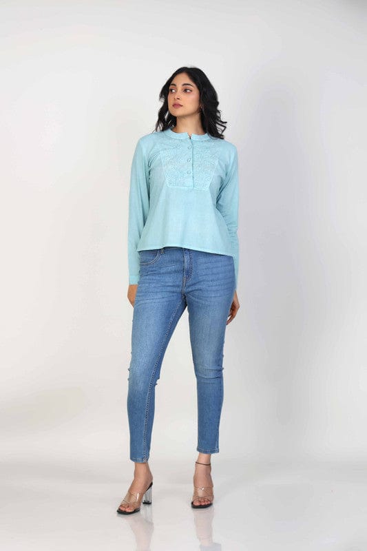 Aegean Green Cotton Hip-Length Top with Thread-Worked Neck Placket & Full Sleeves – Elegant Everyday Fusion Wear