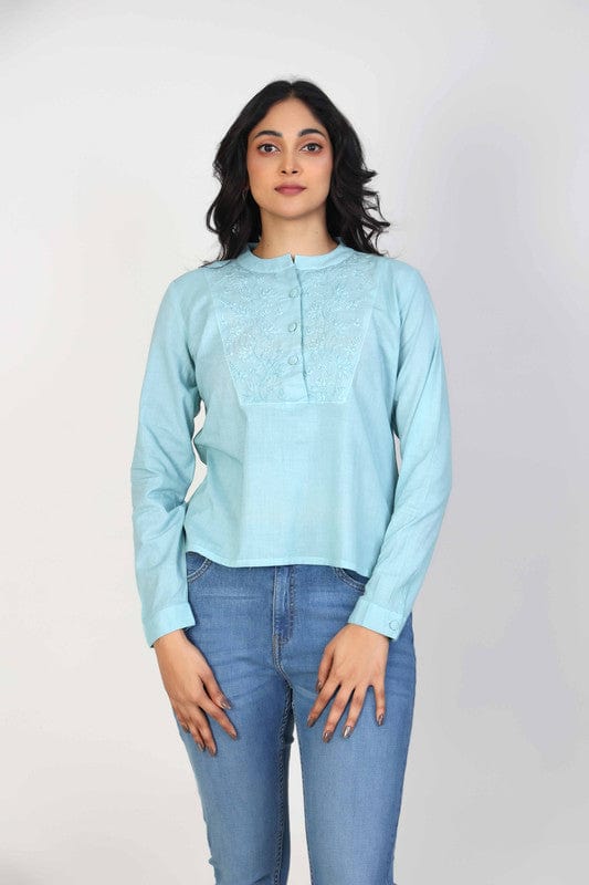 Aegean Green Cotton Hip-Length Top with Thread-Worked Neck Placket & Full Sleeves – Elegant Everyday Fusion Wear