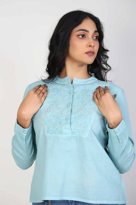 Aegean Green Cotton Hip-Length Top with Thread-Worked Neck Placket & Full Sleeves – Elegant Everyday Fusion Wear
