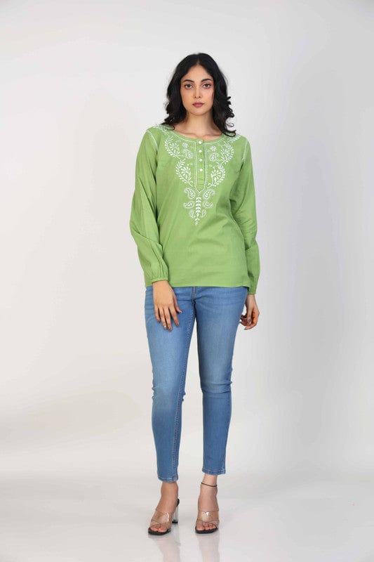Green Cotton Hip-Length Top with Neck Placket Thread Work & Full Sleeves – Elegant Everyday Ethnic-Fusion Wear
