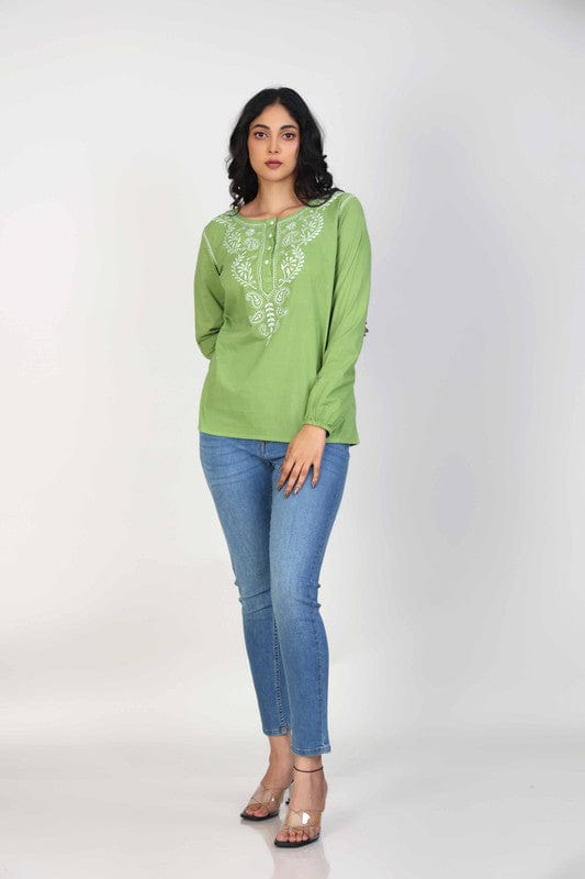 Green Cotton Hip-Length Top with Neck Placket Thread Work & Full Sleeves – Elegant Everyday Ethnic-Fusion Wear