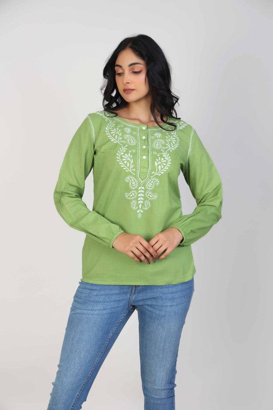 Green Cotton Hip-Length Top with Neck Placket Thread Work & Full Sleeves – Elegant Everyday Ethnic-Fusion Wear