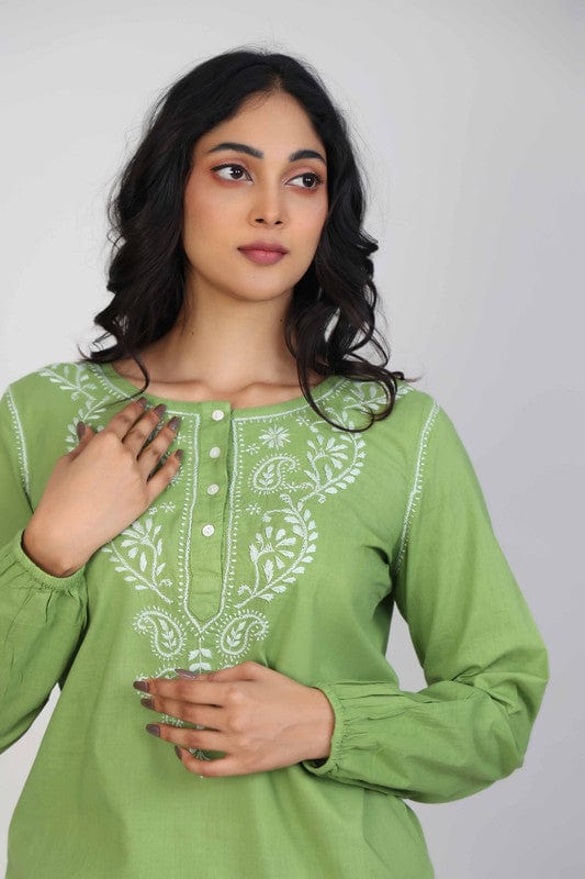 Green Cotton Hip-Length Top with Neck Placket Thread Work & Full Sleeves – Elegant Everyday Ethnic-Fusion Wear