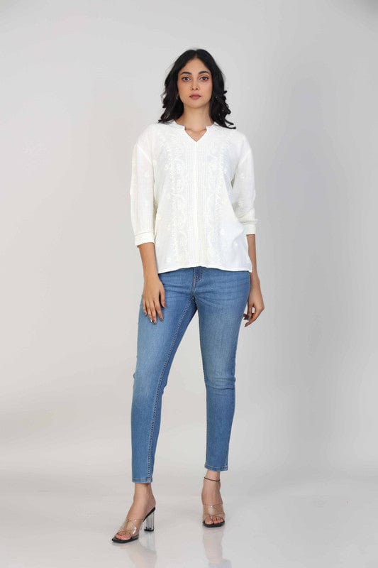 Off-White Cotton-Blend Hip-Length Top with Tone-on-Tone Embroidery & 3/4th Sleeves – Elegant Everyday Fusion Wear