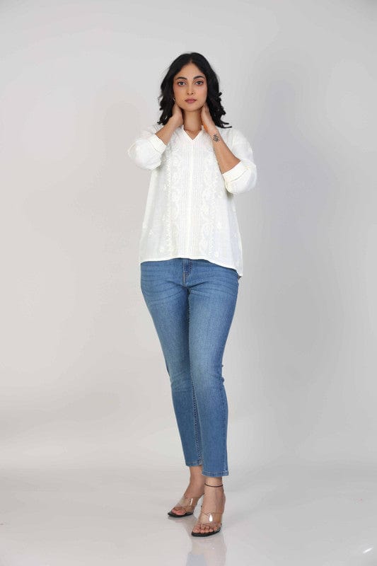Off-White Cotton-Blend Hip-Length Top with Tone-on-Tone Embroidery & 3/4th Sleeves – Elegant Everyday Fusion Wear