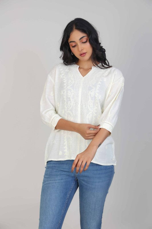 Off-White Cotton-Blend Hip-Length Top with Tone-on-Tone Embroidery & 3/4th Sleeves – Elegant Everyday Fusion Wear