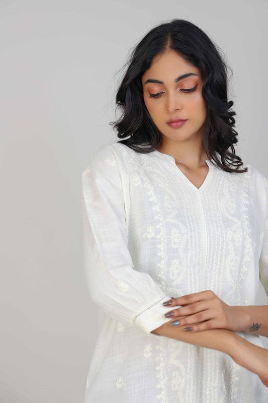 Off-White Cotton-Blend Hip-Length Top with Tone-on-Tone Embroidery & 3/4th Sleeves – Elegant Everyday Fusion Wear