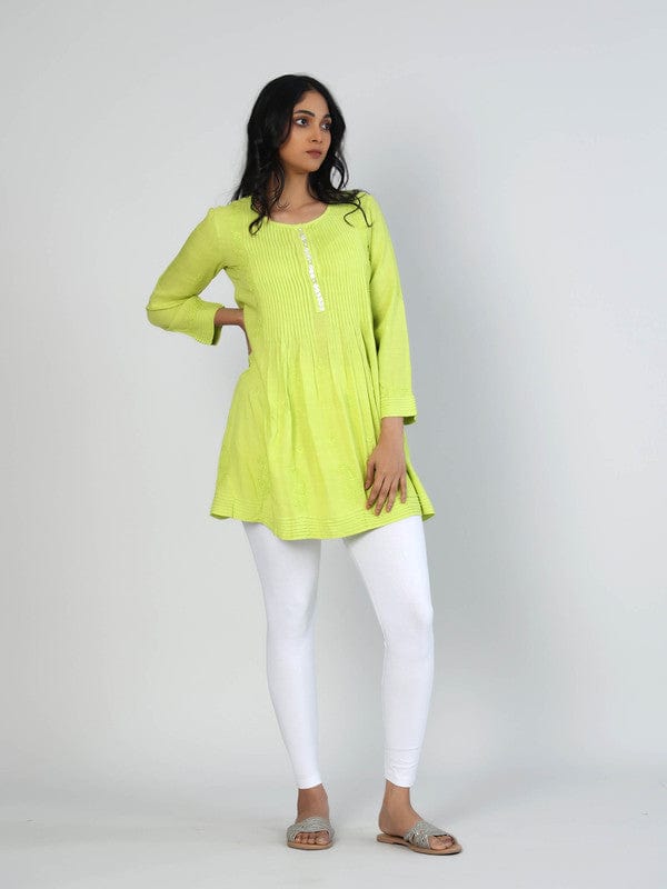 Lime Green Slub Cotton Hip-Length Top with Tone-on-Tone Embroidery & 3/4th Sleeves – Elegant Everyday Ethnic-Fusion Wear