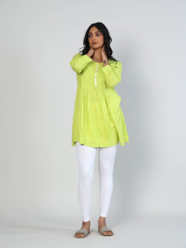 Lime Green Slub Cotton Hip-Length Top with Tone-on-Tone Embroidery & 3/4th Sleeves – Elegant Everyday Ethnic-Fusion Wear