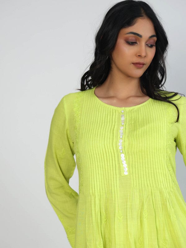 Lime Green Slub Cotton Hip-Length Top with Tone-on-Tone Embroidery & 3/4th Sleeves – Elegant Everyday Ethnic-Fusion Wear