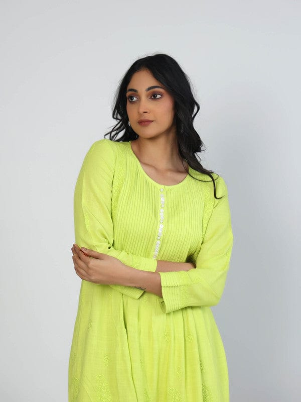 Lime Green Slub Cotton Hip-Length Top with Tone-on-Tone Embroidery & 3/4th Sleeves – Elegant Everyday Ethnic-Fusion Wear