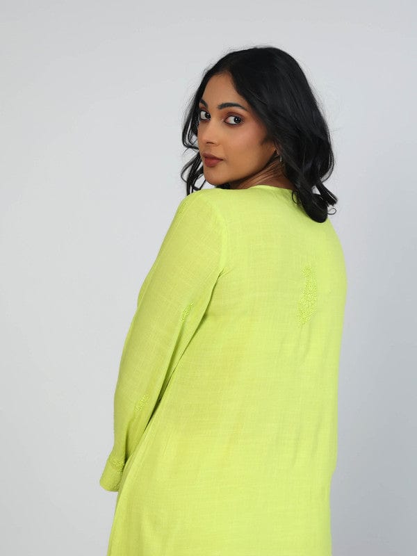 Lime Green Slub Cotton Hip-Length Top with Tone-on-Tone Embroidery & 3/4th Sleeves – Elegant Everyday Ethnic-Fusion Wear