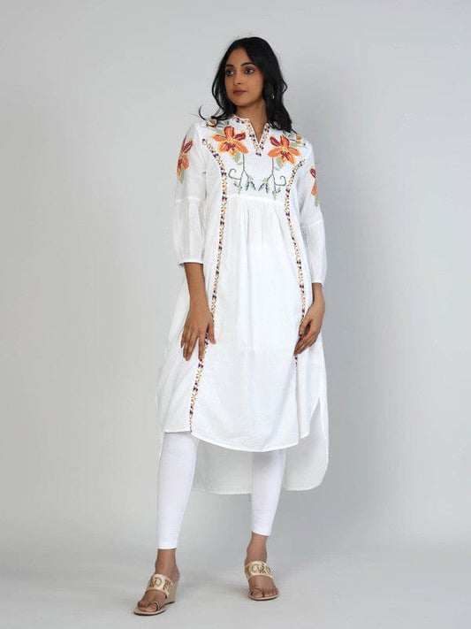 White Cotton Calf-Length Dress with 3/4th Sleeves & Cross-Stitch Thread Embroidery – Elegant Everyday Ethnic Wear