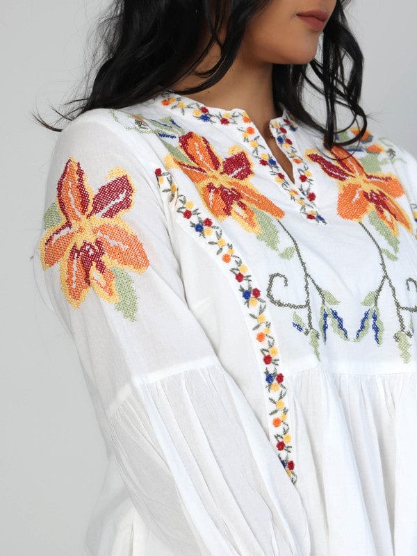 White Cotton Calf-Length Dress with 3/4th Sleeves & Cross-Stitch Thread Embroidery – Elegant Everyday Ethnic Wear