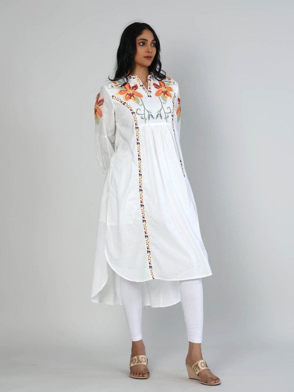 White Cotton Calf-Length Dress with 3/4th Sleeves & Cross-Stitch Thread Embroidery – Elegant Everyday Ethnic Wear