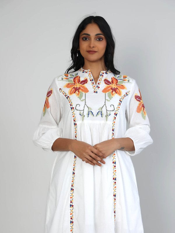 White Cotton Calf-Length Dress with 3/4th Sleeves & Cross-Stitch Thread Embroidery – Elegant Everyday Ethnic Wear