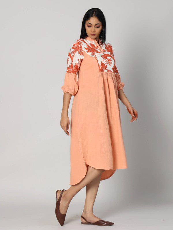 Mustard Cotton Calf-Length Dress with 3/4th Sleeves & Piping Thread Work – Elegant Everyday Ethnic Wear for Women