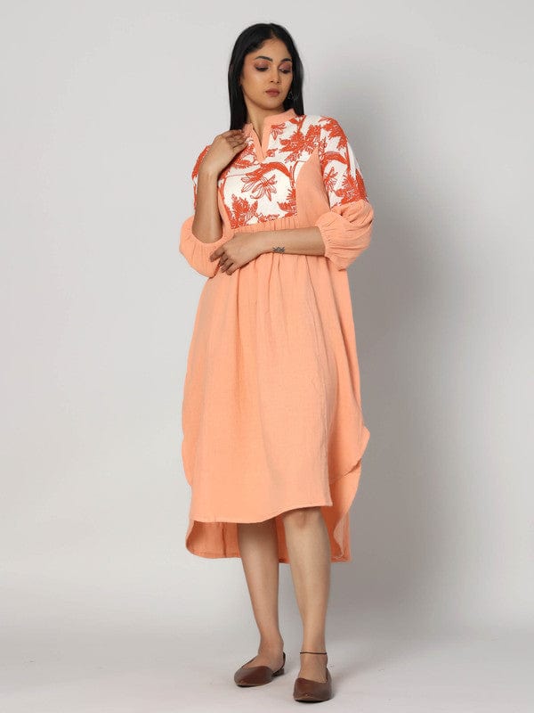 Mustard Cotton Calf-Length Dress with 3/4th Sleeves & Piping Thread Work – Elegant Everyday Ethnic Wear for Women