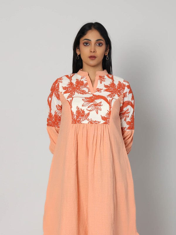 Mustard Cotton Calf-Length Dress with 3/4th Sleeves & Piping Thread Work – Elegant Everyday Ethnic Wear for Women
