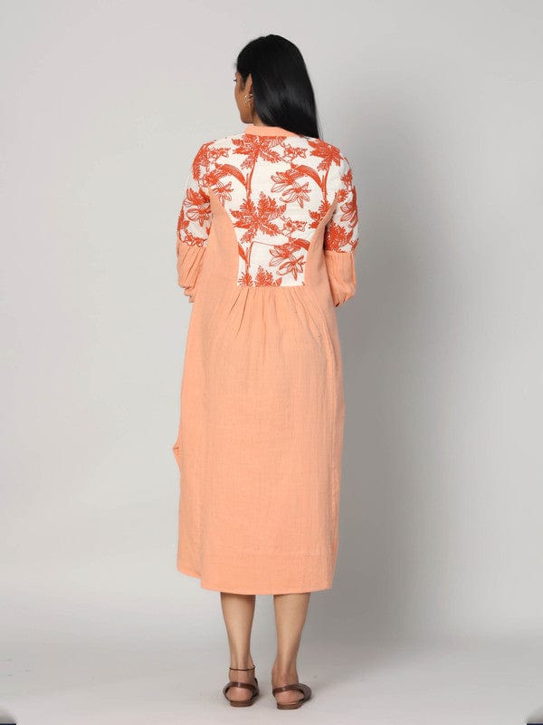 Mustard Cotton Calf-Length Dress with 3/4th Sleeves & Piping Thread Work – Elegant Everyday Ethnic Wear for Women