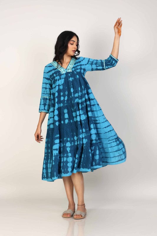 Blue Cotton Tie-Dye Calf-Length Dress with 3/4th Sleeves & Mirror-Work Neckline – Elegant Boho Fusion Wear for Women