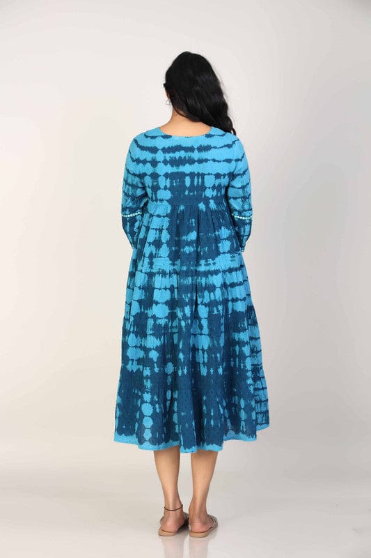 Blue Cotton Tie-Dye Calf-Length Dress with 3/4th Sleeves & Mirror-Work Neckline – Elegant Boho Fusion Wear for Women