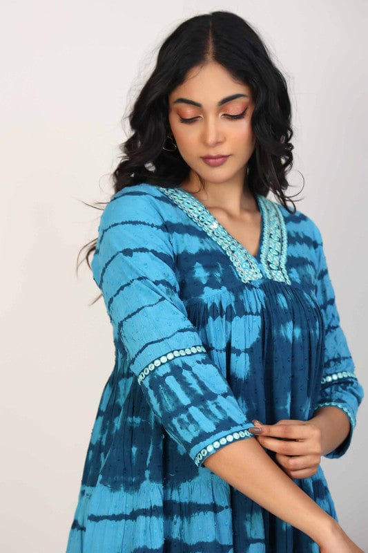 Blue Cotton Tie-Dye Calf-Length Dress with 3/4th Sleeves & Mirror-Work Neckline – Elegant Boho Fusion Wear for Women