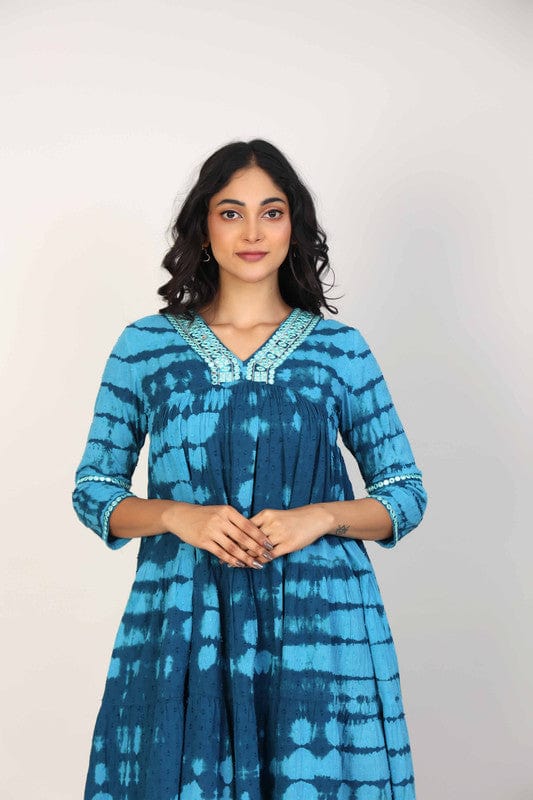 Blue Cotton Tie-Dye Calf-Length Dress with 3/4th Sleeves & Mirror-Work Neckline – Elegant Boho Fusion Wear for Women