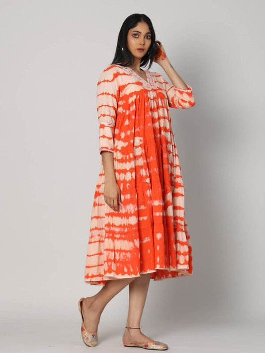 Orange Cotton Tie-Dye Calf-Length Dress with 3/4th Sleeves – Breezy Everyday Summer Wear for Women