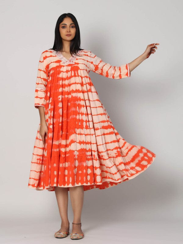 Orange Cotton Tie-Dye Calf-Length Dress with 3/4th Sleeves – Breezy Everyday Summer Wear for Women