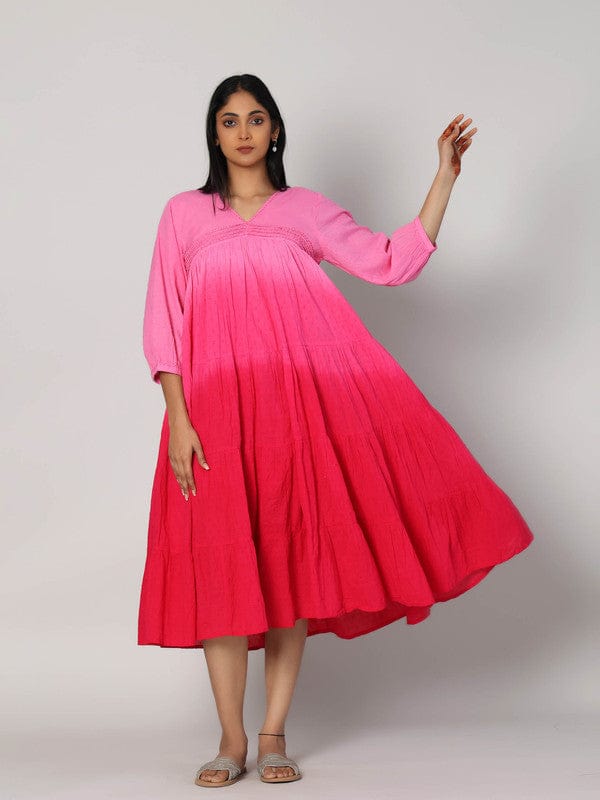 Pink Cotton Ombre Calf-Length Dress with 3/4th Sleeves – Elegant Everyday Summer Wear for Women
