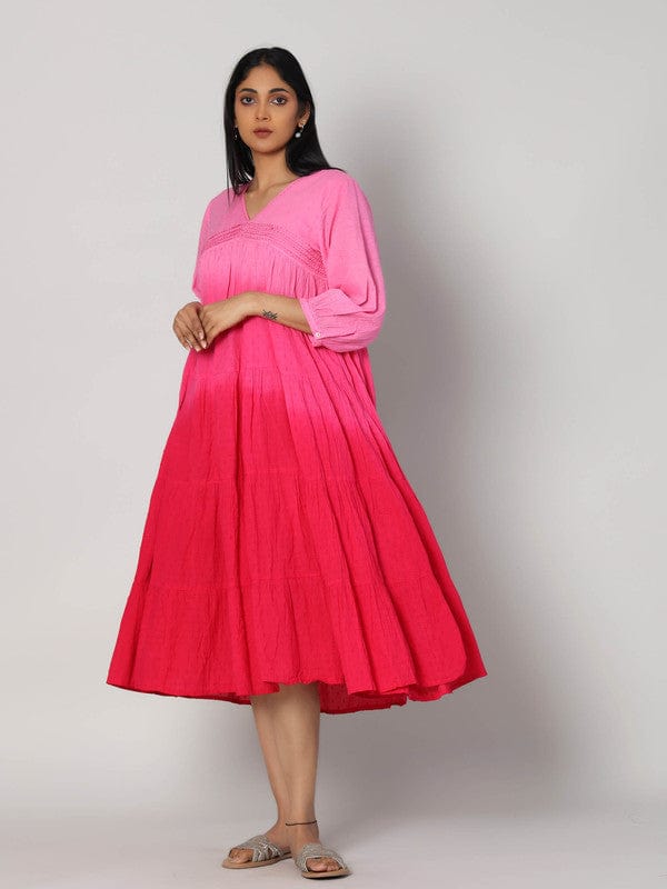Pink Cotton Ombre Calf-Length Dress with 3/4th Sleeves – Elegant Everyday Summer Wear for Women
