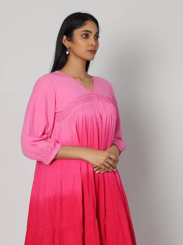 Pink Cotton Ombre Calf-Length Dress with 3/4th Sleeves – Elegant Everyday Summer Wear for Women