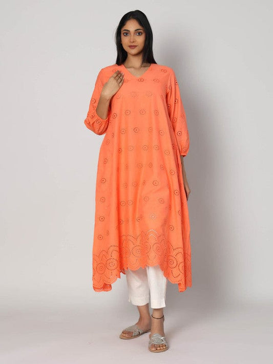 Orange Schiffli Embroidered Calf-Length Dress with 3/4th Sleeves – Elegant Summer & Casual Wear for Women