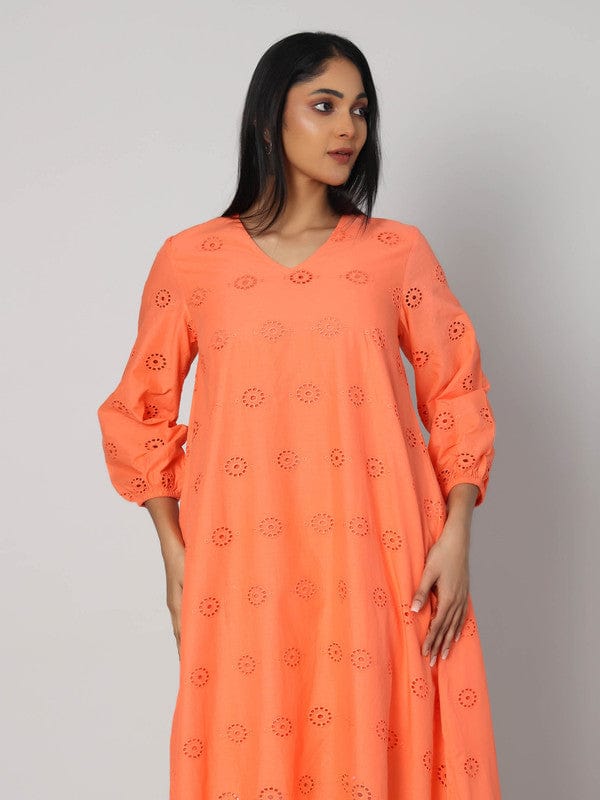 Orange Schiffli Embroidered Calf-Length Dress with 3/4th Sleeves – Elegant Summer & Casual Wear for Women
