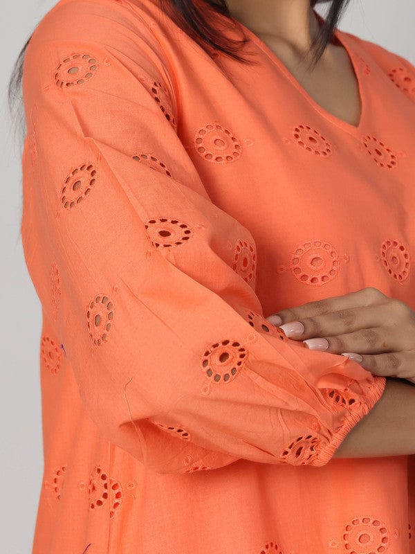 Orange Schiffli Embroidered Calf-Length Dress with 3/4th Sleeves – Elegant Summer & Casual Wear for Women