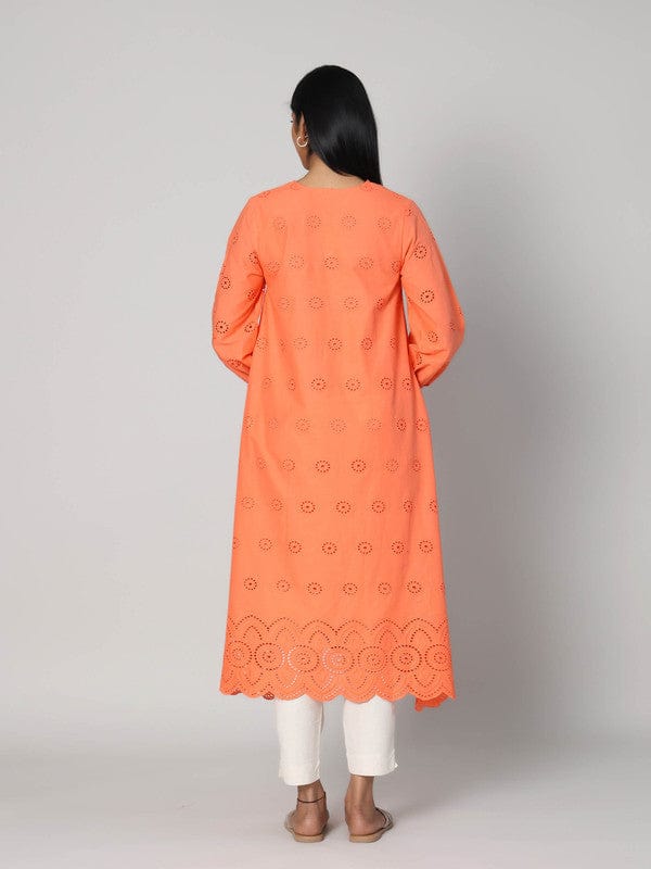 Orange Schiffli Embroidered Calf-Length Dress with 3/4th Sleeves – Elegant Summer & Casual Wear for Women