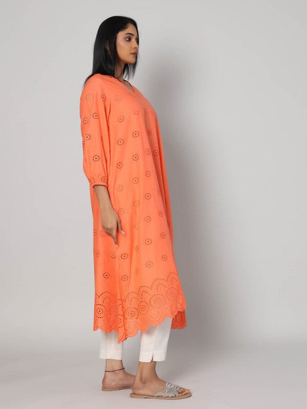 Orange Schiffli Embroidered Calf-Length Dress with 3/4th Sleeves – Elegant Summer & Casual Wear for Women