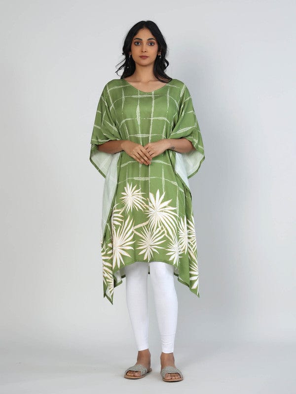 Green Viscose Knee-Length Kaftan with Floral & Checkered Print and 3/4th Sleeves – Breezy Everyday Fusion Wear