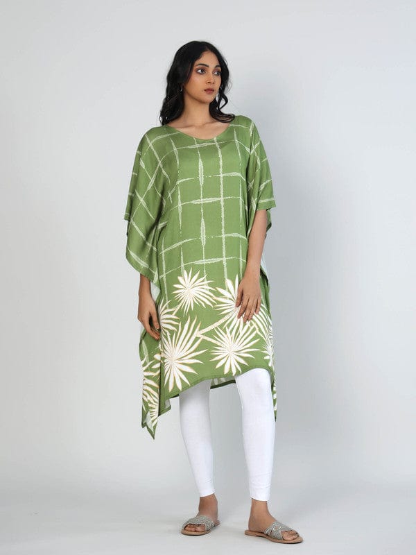 Green Viscose Knee-Length Kaftan with Floral & Checkered Print and 3/4th Sleeves – Breezy Everyday Fusion Wear