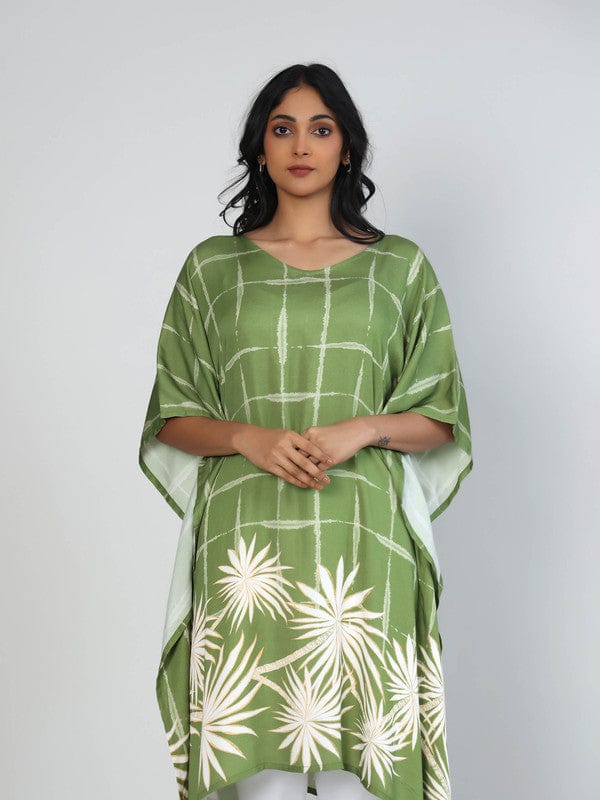 Green Viscose Knee-Length Kaftan with Floral & Checkered Print and 3/4th Sleeves – Breezy Everyday Fusion Wear